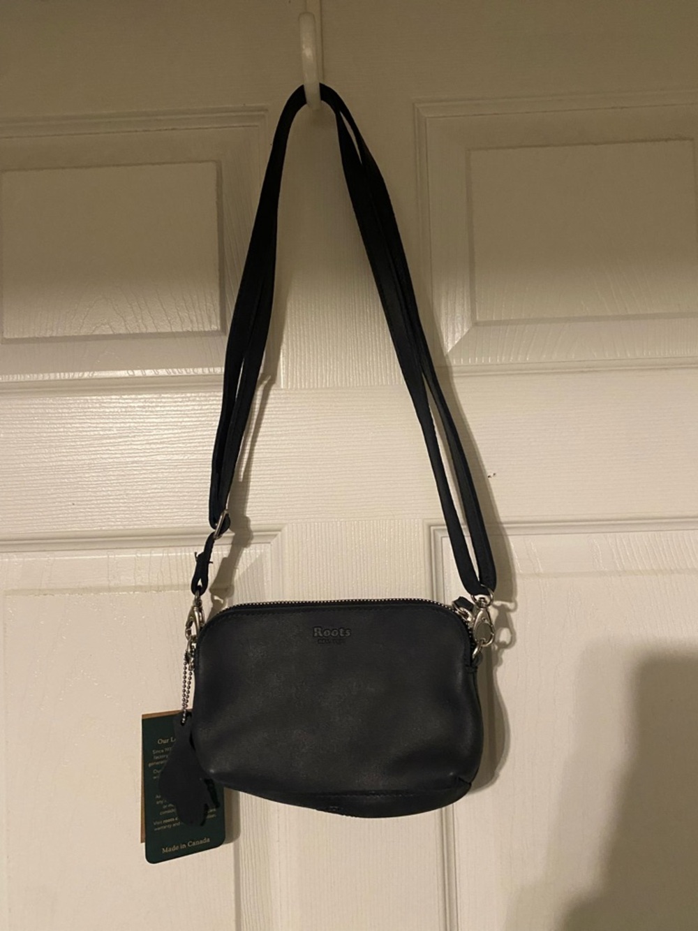 Roots Black Leather Crossbody Bag with Adjustable Strap
